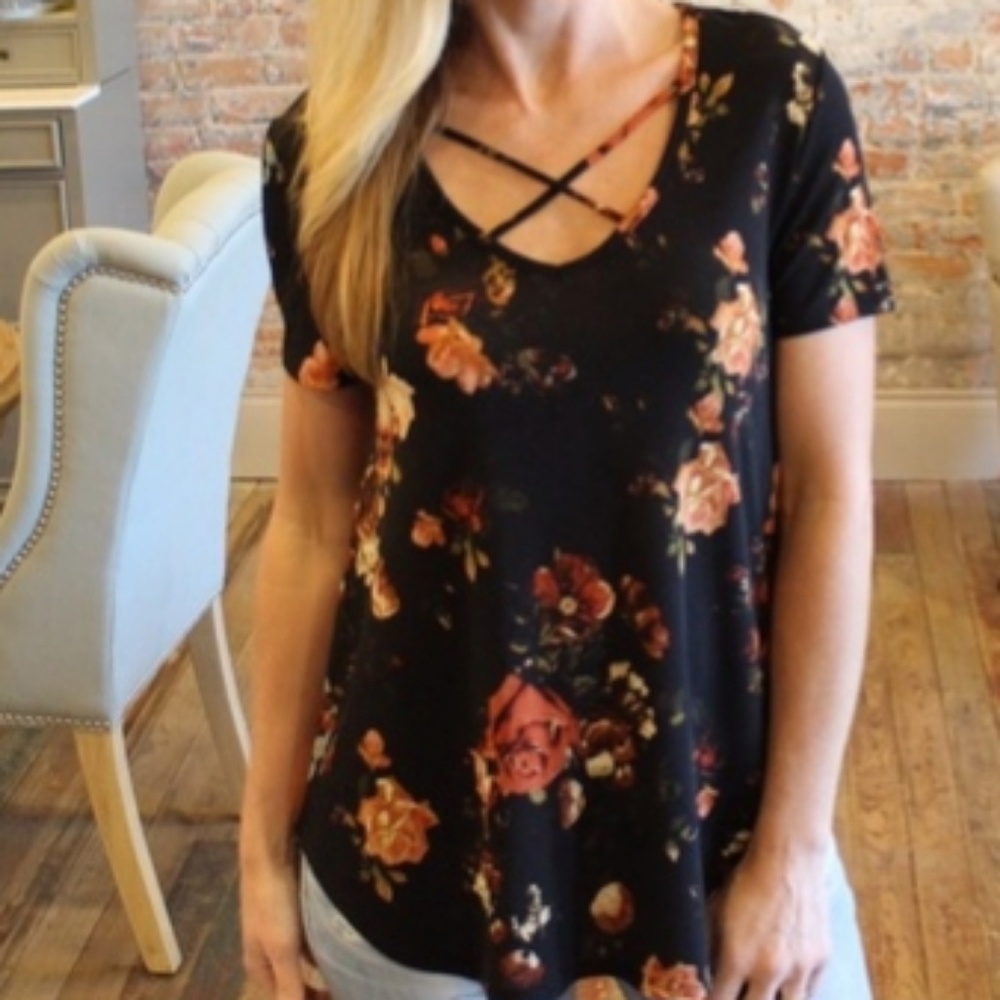 Black Floral Crisscross Front Top